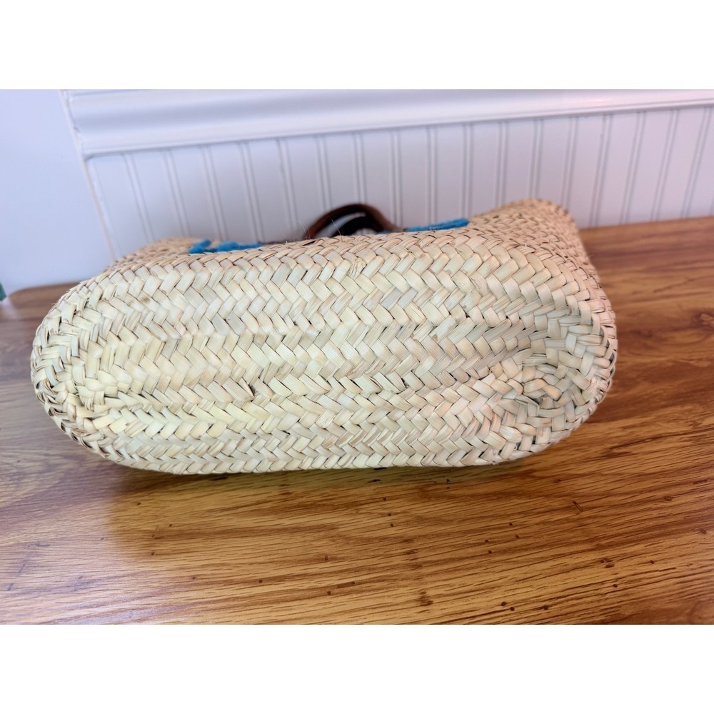 Poolside Medium Beach Tote Straw Basket Bag Embroidered Word Blue Tan Medium - Picture 5 of 16